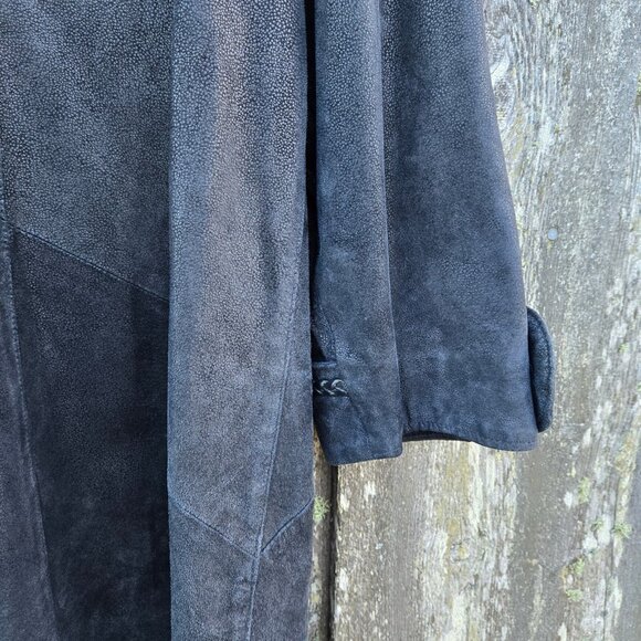 Vintage Black Leather Trench Coat jacket Womens Size L Braided Trim Mid Length - Picture 11 of 14